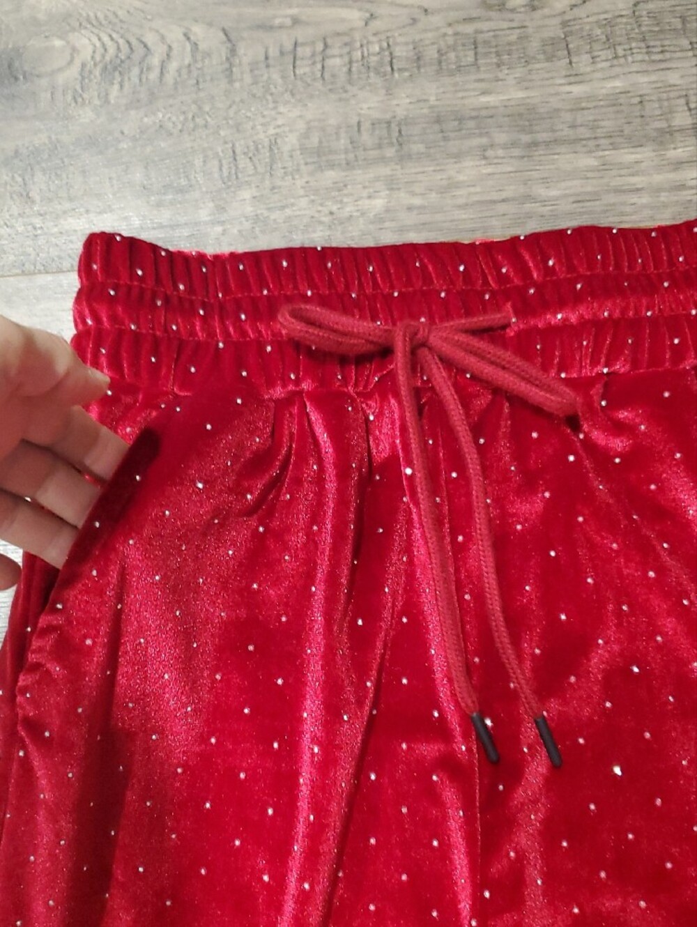 Red Velvet Wide-Leg Lounge Pants with Drawstring - Picture 3 of 7